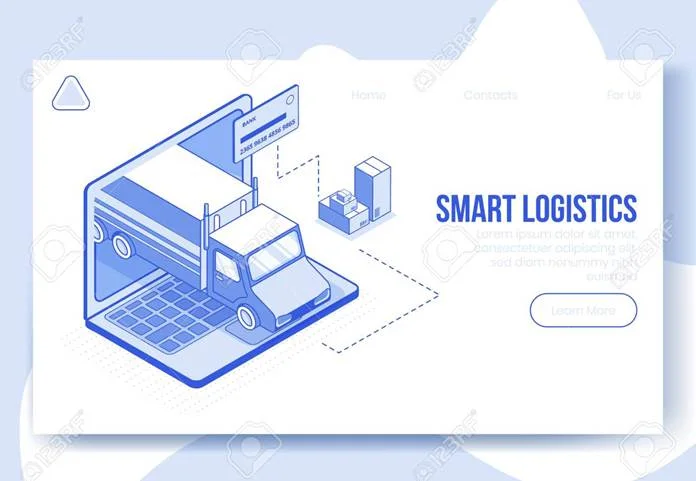 Digital Design Isometric Concept Scene 3d Icons For Online Smart Logistics App.Isometric Business Finance Symbols-bank Card,package Boxes,car Truck,laptop Up On Landing Page Banner Web Online Concept Royalty Free SVG, Cliparts, Vectors, and
