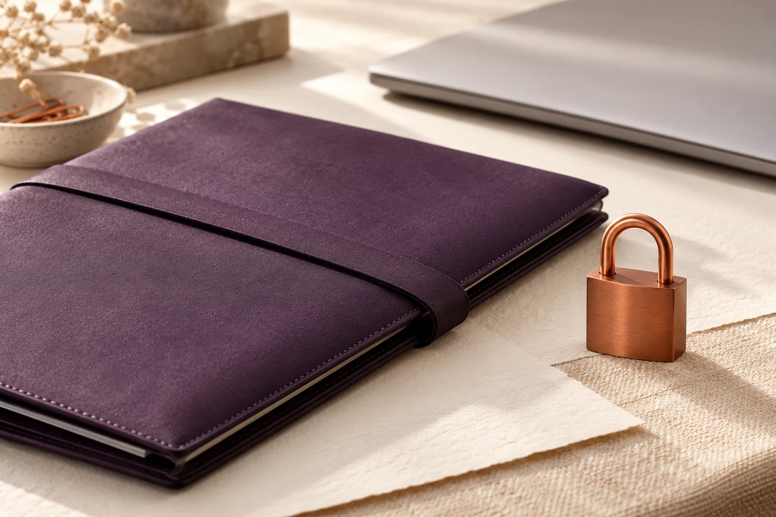 A closed purple document folder and a copper padlock on an ivory desk.