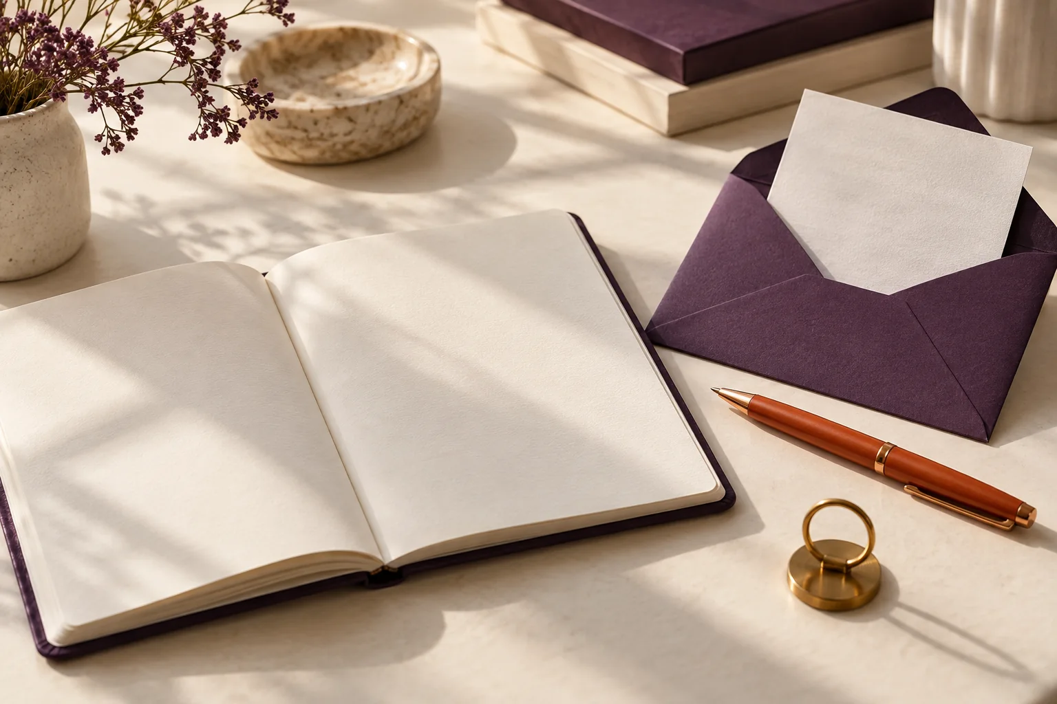 An open notebook, purple envelope and orange pen arranged on a warm ivory desk.