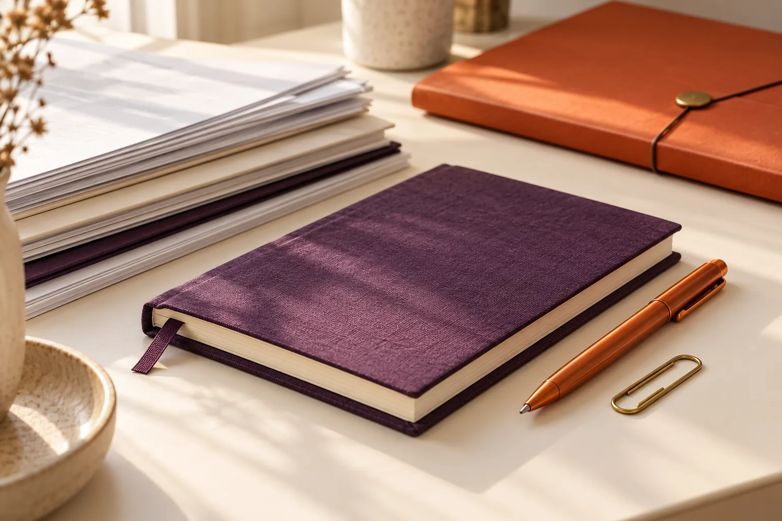 Research papers, a purple notebook and an orange pen on an ivory desk.